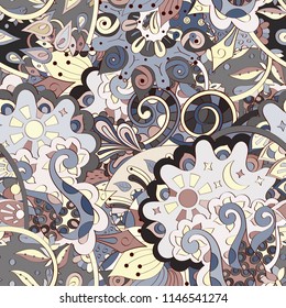 Tracery seamless pattern. Mehndi design. Ethnic colorful doodle texture. Curved doodling background. Vector