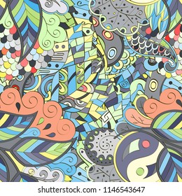 Tracery seamless pattern. Mehndi design. Ethnic colorful doodle texture. Curved doodling background. Vector