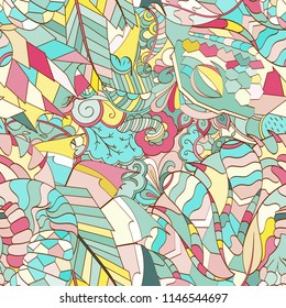 Tracery seamless pattern. Mehndi design. Ethnic colorful doodle texture. Curved doodling background. Vector