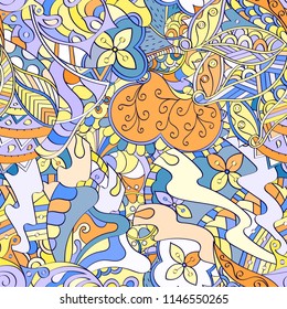 Tracery seamless pattern. Mehndi design. Ethnic colorful doodle texture. Curved doodling background. Vector