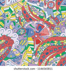 Tracery seamless pattern. Mehndi design. Ethnic colorful doodle texture. Curved doodling background. Vector