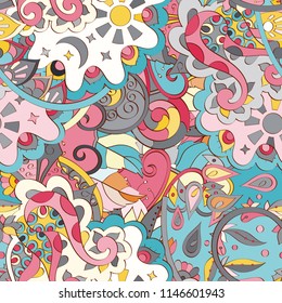 Tracery seamless pattern. Mehndi design. Ethnic colorful doodle texture. Curved doodling background. Vector