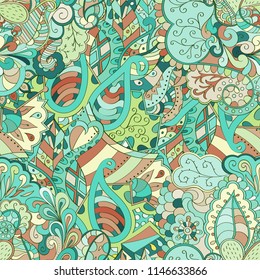 Tracery seamless pattern. Mehndi design. Ethnic colorful doodle texture. Curved doodling background. Vector