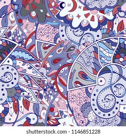 Tracery seamless pattern. Mehndi design. Ethnic colorful doodle texture. Curved doodling background. Vector
