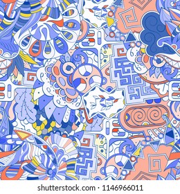 Tracery seamless pattern. Mehndi design. Ethnic colorful doodle texture. Curved doodling background. Vector