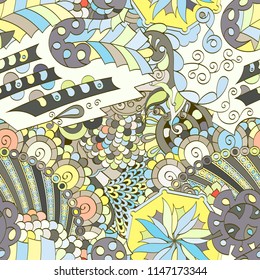 Tracery seamless pattern. Mehndi design. Ethnic colorful doodle texture. Curved doodling background. Vector