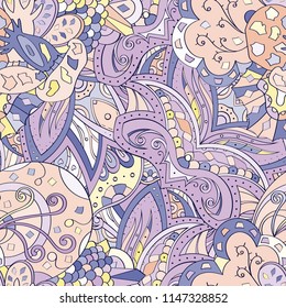 Tracery seamless pattern. Mehndi design. Ethnic colorful doodle texture. Curved doodling background. Vector
