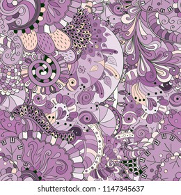 Tracery seamless pattern. Mehndi design. Ethnic colorful doodle texture. Curved doodling background. Vector