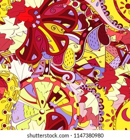 Tracery seamless pattern. Mehndi design. Ethnic colorful doodle texture. Curved doodling background. Vector