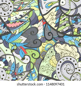 Tracery seamless pattern. Mehndi design. Ethnic colorful doodle texture. Curved doodling background. Vector