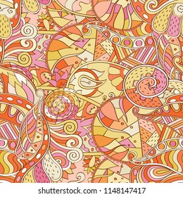 Tracery seamless pattern. Mehndi design. Ethnic colorful doodle texture. Curved doodling background. Vector