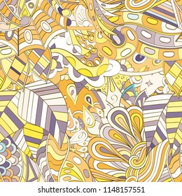 Tracery seamless pattern. Mehndi design. Ethnic colorful doodle texture. Curved doodling background. Vector