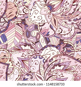 Tracery seamless pattern. Mehndi design. Ethnic colorful doodle texture. Curved doodling background. Vector