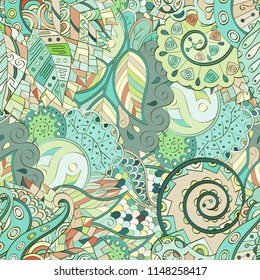 Tracery seamless pattern. Mehndi design. Ethnic colorful doodle texture. Curved doodling background. Vector