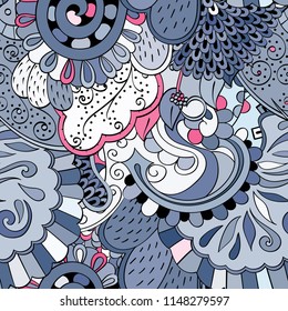 Tracery seamless pattern. Mehndi design. Ethnic colorful doodle texture. Curved doodling background. Vector