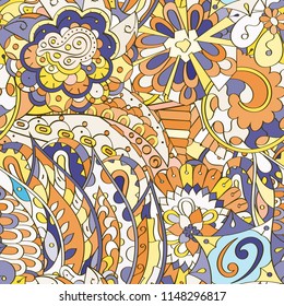 Tracery seamless pattern. Mehndi design. Ethnic colorful doodle texture. Curved doodling background. Vector