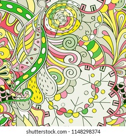 Tracery seamless pattern. Mehndi design. Ethnic colorful doodle texture. Curved doodling background. Vector