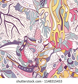Tracery seamless pattern. Mehndi design. Ethnic colorful doodle texture. Curved doodling background. Vector