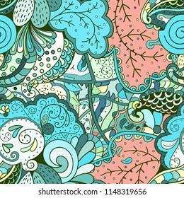 Tracery seamless pattern. Mehndi design. Ethnic colorful doodle texture. Curved doodling background. Vector