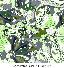 Tracery seamless pattern. Mehndi design. Ethnic colorful doodle texture. Curved doodling background. Vector