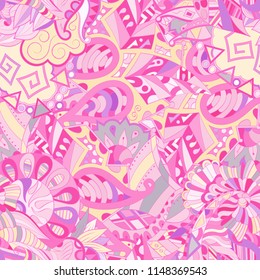 Tracery seamless pattern. Mehndi design. Ethnic colorful doodle texture. Curved doodling background. Vector