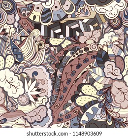 Tracery seamless pattern. Mehndi design. Ethnic colorful doodle texture. Curved doodling background. Vector