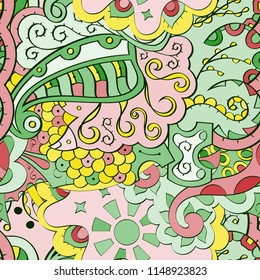 Tracery seamless pattern. Mehndi design. Ethnic colorful doodle texture. Curved doodling background. Vector