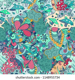 Tracery seamless pattern. Mehndi design. Ethnic colorful doodle texture. Curved doodling background. Vector