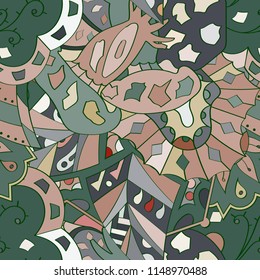 Tracery seamless pattern. Mehndi design. Ethnic colorful doodle texture. Curved doodling background. Vector