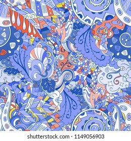Tracery seamless pattern. Mehndi design. Ethnic colorful doodle texture. Curved doodling background. Vector