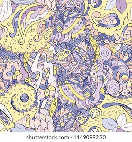 Tracery seamless pattern. Mehndi design. Ethnic colorful doodle texture. Curved doodling background. Vector