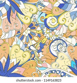 Tracery seamless pattern. Mehndi design. Ethnic colorful doodle texture. Curved doodling background. Vector