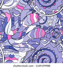 Tracery seamless pattern. Mehndi design. Ethnic colorful doodle texture. Curved doodling background. Vector