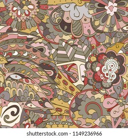 Tracery seamless pattern. Mehndi design. Ethnic colorful doodle texture. Curved doodling background. Vector
