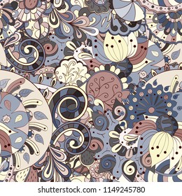 Tracery seamless pattern. Mehndi design. Ethnic colorful doodle texture. Curved doodling background. Vector