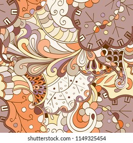 Tracery seamless pattern. Mehndi design. Ethnic colorful doodle texture. Curved doodling background. Vector