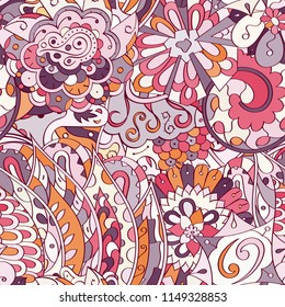 Tracery seamless pattern. Mehndi design. Ethnic colorful doodle texture. Curved doodling background. Vector