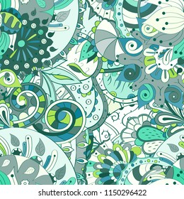 Tracery seamless pattern. Mehndi design. Ethnic colorful doodle texture. Curved doodling background. Vector
