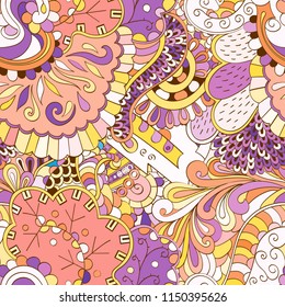 Tracery seamless pattern. Mehndi design. Ethnic colorful doodle texture. Curved doodling background. Vector