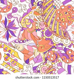 Tracery seamless pattern. Mehndi design. Ethnic colorful doodle texture. Curved doodling background. Vector