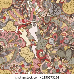 Tracery seamless pattern. Mehndi design. Ethnic colorful doodle texture. Curved doodling background. Vector
