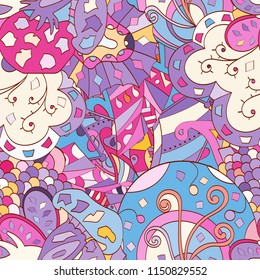 Tracery seamless pattern. Mehndi design. Ethnic colorful doodle texture. Curved doodling background. Vector