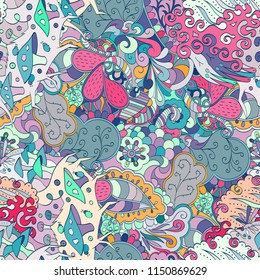 Tracery seamless pattern. Mehndi design. Ethnic colorful doodle texture. Curved doodling background. Vector