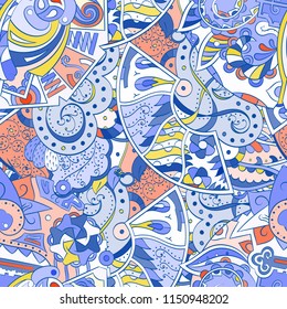 Tracery seamless pattern. Mehndi design. Ethnic colorful doodle texture. Curved doodling background. Vector