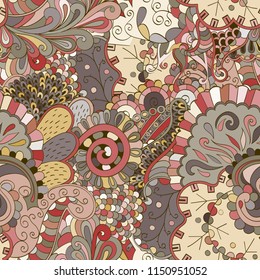Tracery seamless pattern. Mehndi design. Ethnic colorful doodle texture. Curved doodling background. Vector
