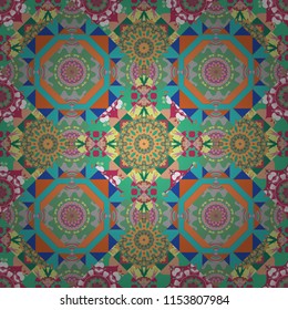 Tracery seamless pattern. Mehndi design. Vector curved doodling background. Ethnic colorful doodle texture in pink, blue and green colors.
