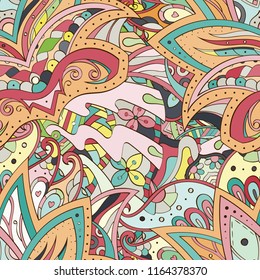 Tracery seamless pattern. Mehndi design. Ethnic colorful doodle texture. Curved doodling background. Vector