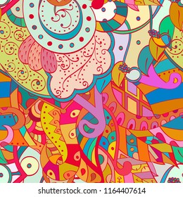 Tracery seamless pattern. Mehndi design. Ethnic colorful doodle texture. Curved doodling background. Vector