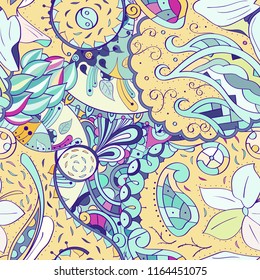Tracery seamless pattern. Mehndi design. Ethnic colorful doodle texture. Curved doodling background. Vector