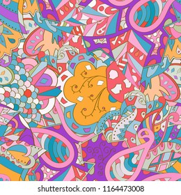 Tracery seamless pattern. Mehndi design. Ethnic colorful doodle texture. Curved doodling background. Vector